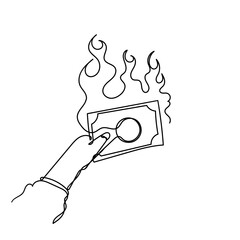 continuous line drawing money on fire sign