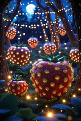A magical strawberry garden glowing under a twilight sky, with oversized strawberries the size of pumpkins, sparkling with golden fairy dust