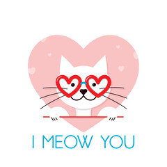 I meow you Valentine card with a cat, white kitty with heart sunglasses on, festive t-shirt, sticker, greeting card design, vector illustration