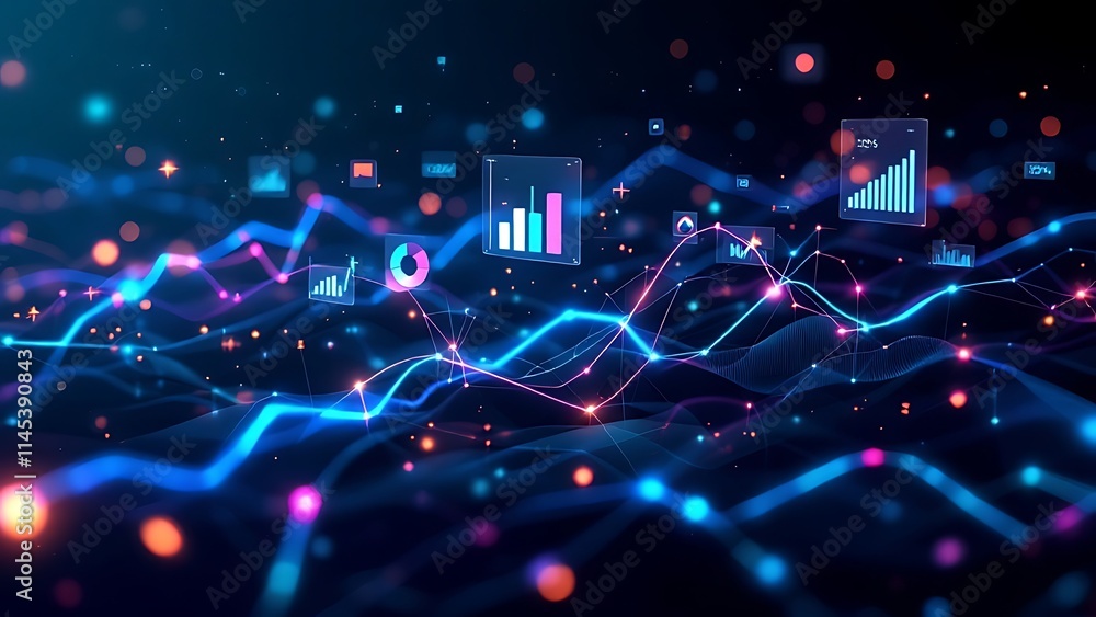 Poster abstract digital marketplace metrics with flowing data lines, visualizing e-commerce trends, sales a