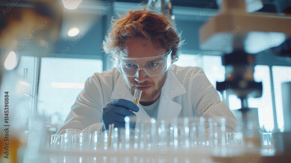 Poster scientist conducting experiment in laboratory with test tubes