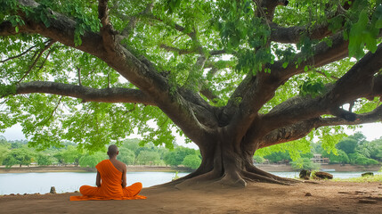 Monk Meditating Under the Sacred Bo Tree