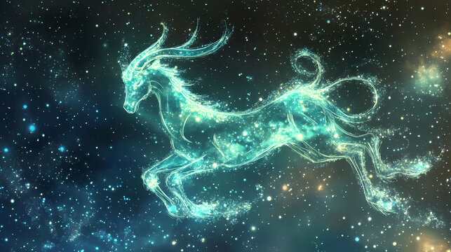 Capricorn constellation glowing like seafoam amidst a dark galaxy, capricorn constellation seafoam, cosmic fluidity. Constellation. Illustration
