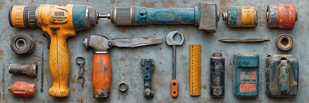 Aufkleber flat lay of assorted used tools on a metallic surface.