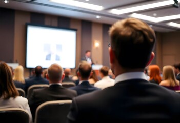 Obraz premium Professional corporate meeting with a speaker presenting to an audience.