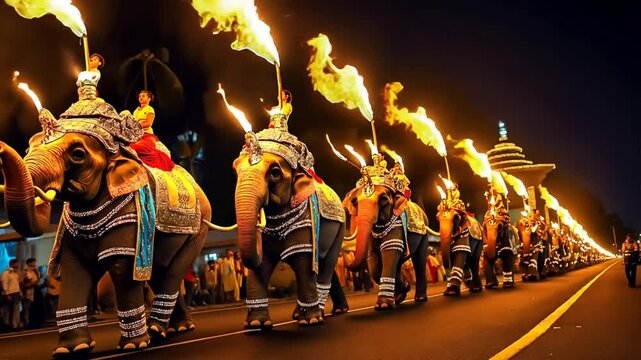 Perahera Parade With Elephants and Torches
