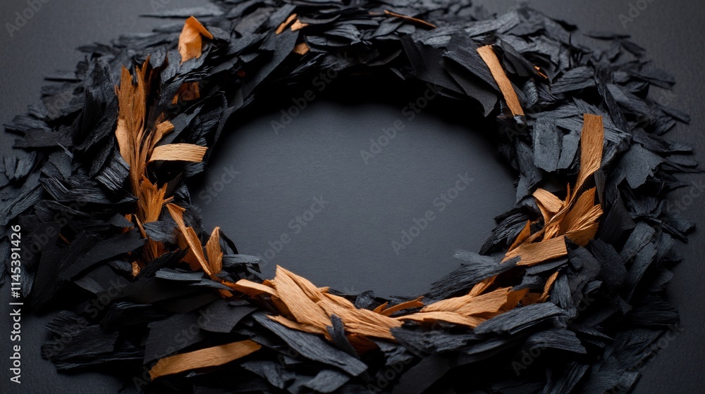 Aufkleber black and orange paper scraps arranged in a circle on a dark background, creating a frame.