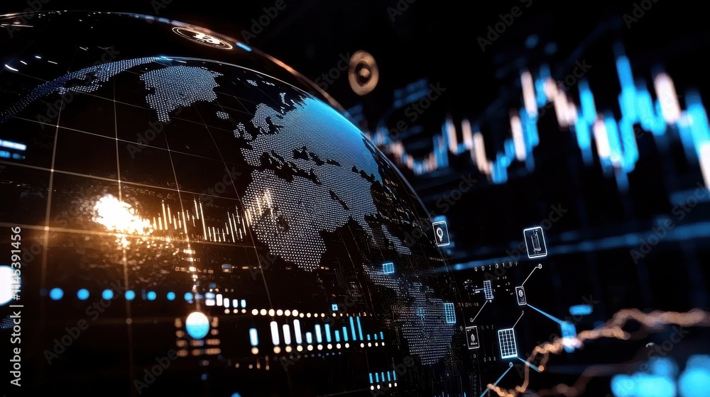 Poster digital financial globe overlaid with cryptocurrency trends global market analysis financial data vi