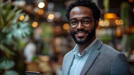 Obraz premium Smiling entrepreneur holding a tablet AI generated illustration