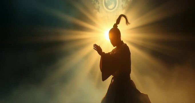 Ethereal and spiritual Far East Martial Arts scene, volumetric lighting casting a light aura, mystical feeling enhanced by visible light beams piercing through dust or fog.
