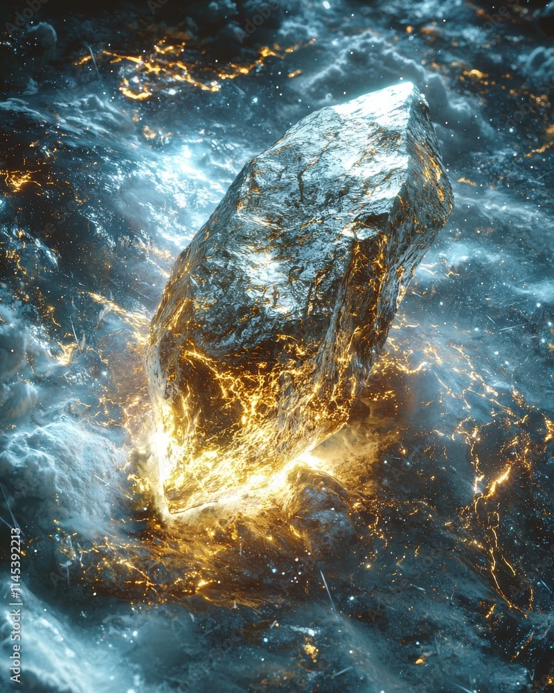 Poster meteorite shard with metallic textures in cosmic environment captured from an aerial view for artist