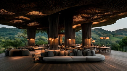 Fototapeta premium Interior design of a modern living room in a farmhouse or country style home. With its earthy hues, grey sofa, and wooden textures, this modern rustic lounge creates a warm and welcoming atmosphere.