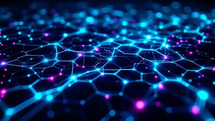 Obraz premium Abstract hexagonal data matrix with glowing lines, visualizing digital networks, data flow, and technology in a futuristic, high-tech environment with dynamic geometric patterns.