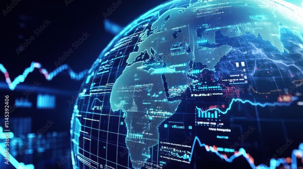 Poster dynamic digital financial globe featuring cryptocurrency data global market insights high-tech envir