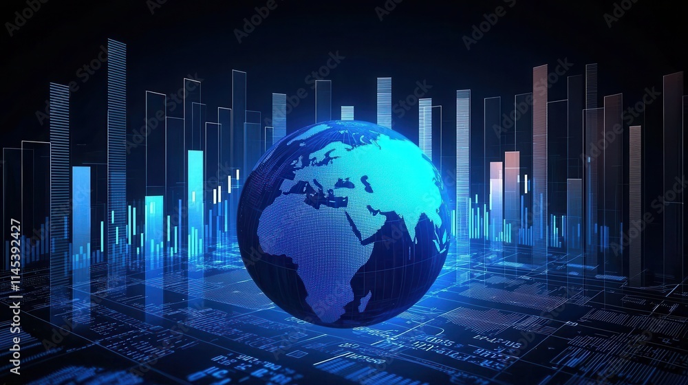 Poster abstract glowing blue globe surrounded by vertical bars digital environment data visualization conce