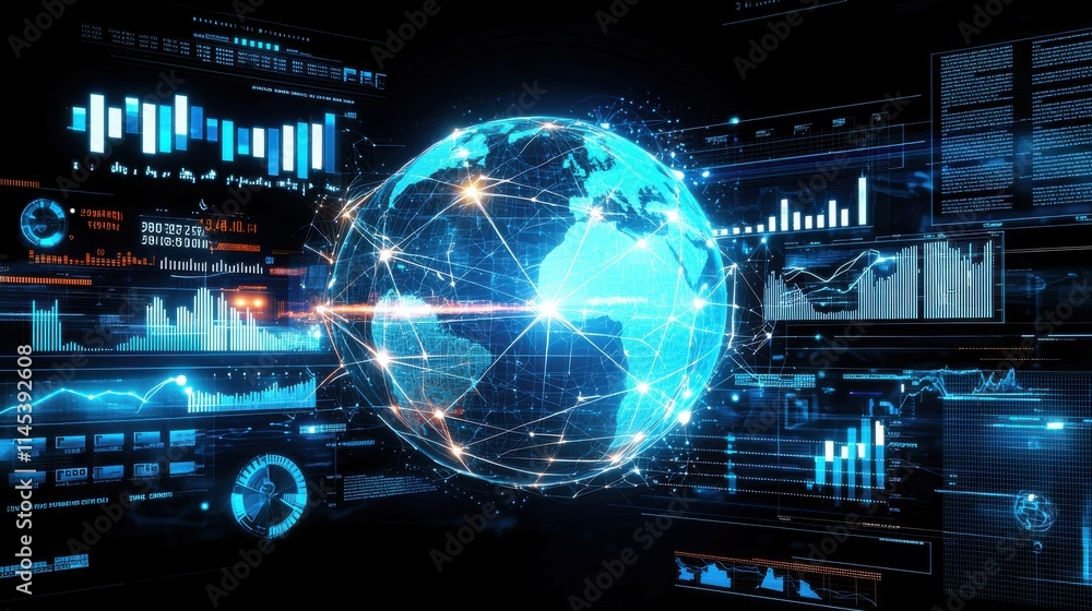 Poster connecting the glowing earth a global data visualization of interconnected networks in technology