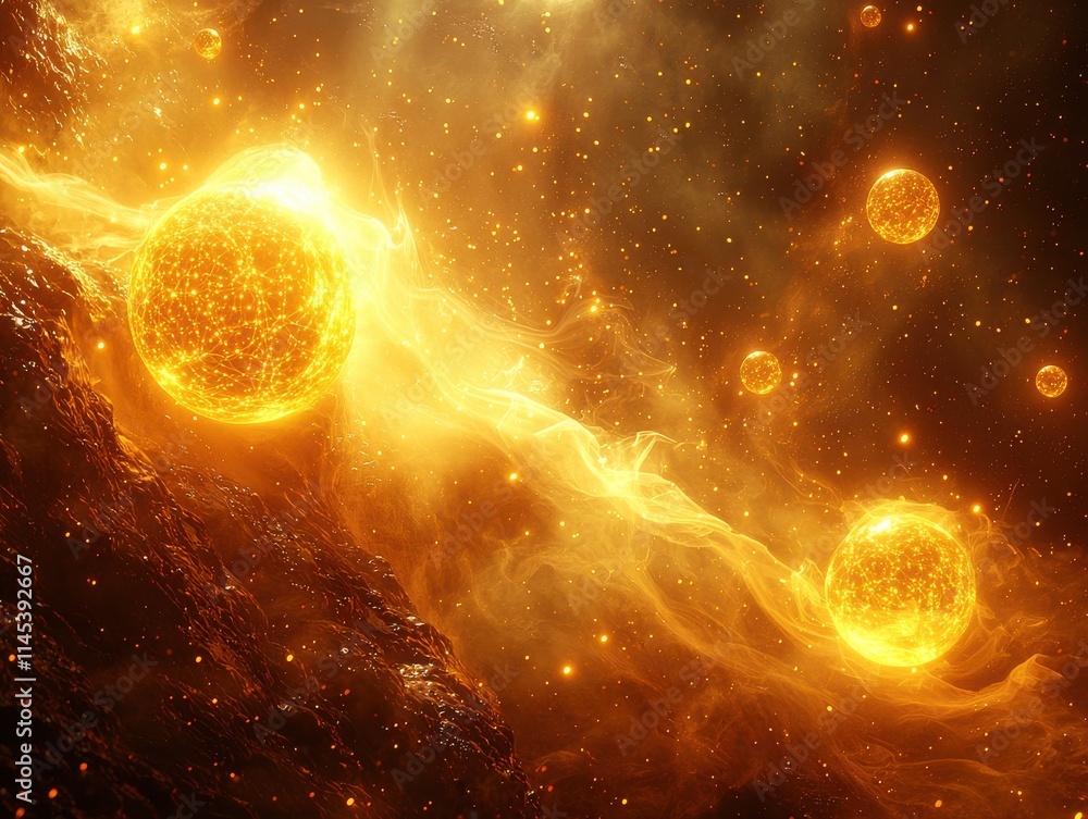Aufkleber golden orbs floating in a cosmic scene outer space digital art nebula environment panoramic view sci
