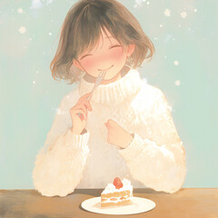 美味しそうにケーキを食べる白いニットをきた女の子のイラスト