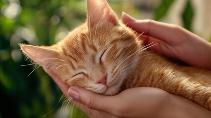 Orange Kitten Sleeping Peacefully in Person's Hands with Greenery Background.Animal comfort, kitten sleep, outdoor calm, gentle care, pet lifestyle, relaxation campaign, peaceful moments.