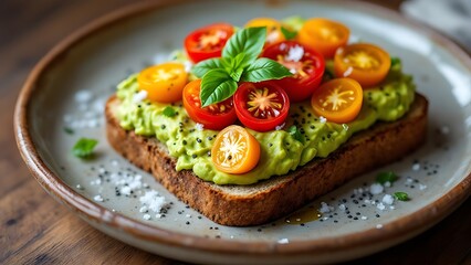 Avocado toast topped with a sprinkle of chia seeds and fresh cherry tomatoes, showcasing a healthy, vibrant breakfast or snack in a delicious, visually appealing composition.