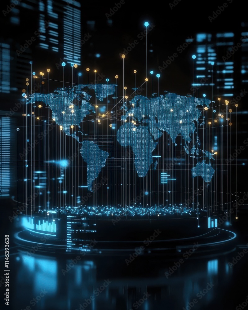 Poster global digital network of glowing nodes and vertical lines high-tech visualization dark environment 