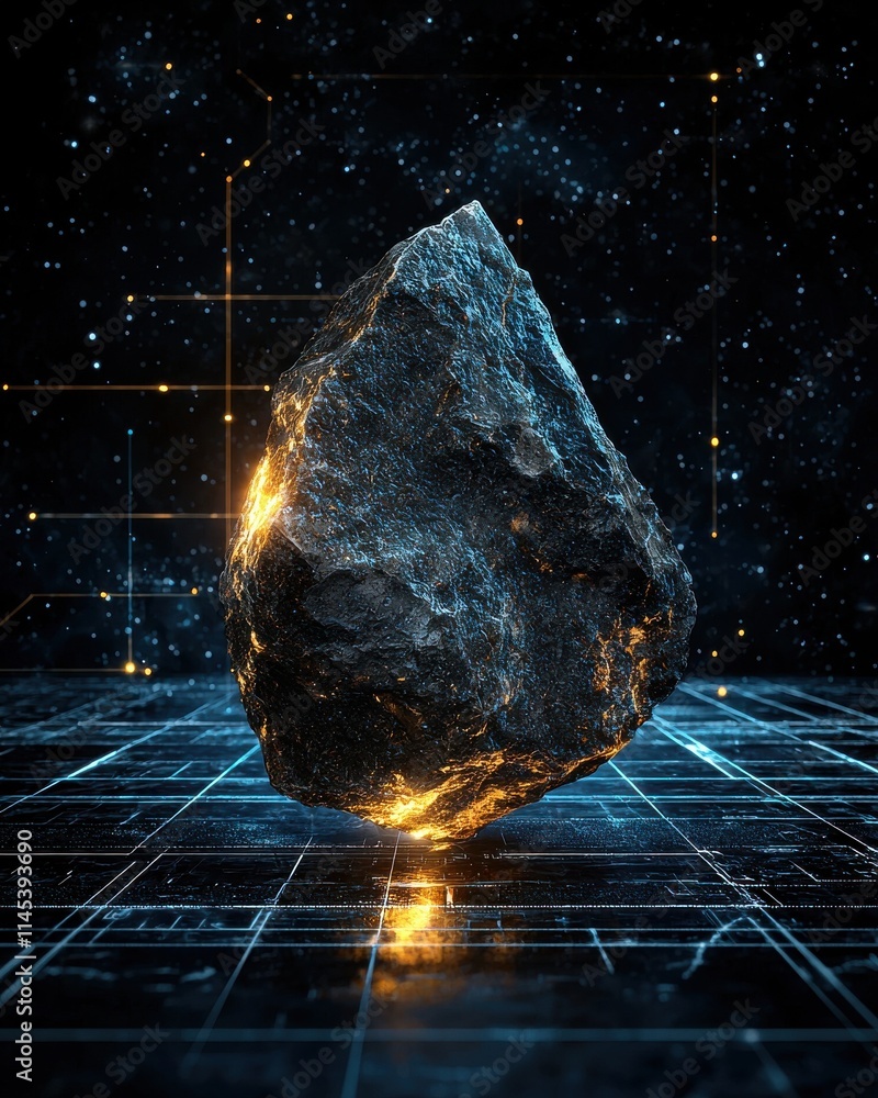 Poster meteorite fragment glowing with inner light in cosmic space digital art sci-fi environment close-up 