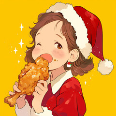 フライドチキンを頬張るサンタ帽の女の子のイラスト