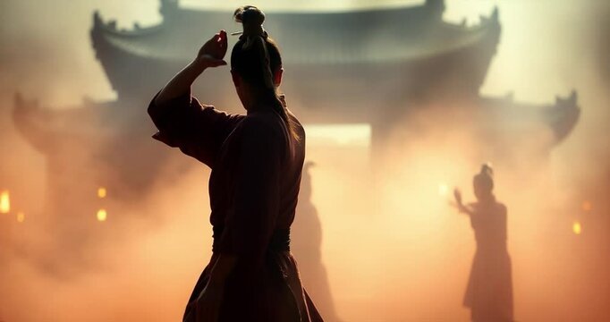 A Far East Martial Arts scene shrouded in soft cinematic haze, intense jet black and deep shadows create a soft focus hazy background.