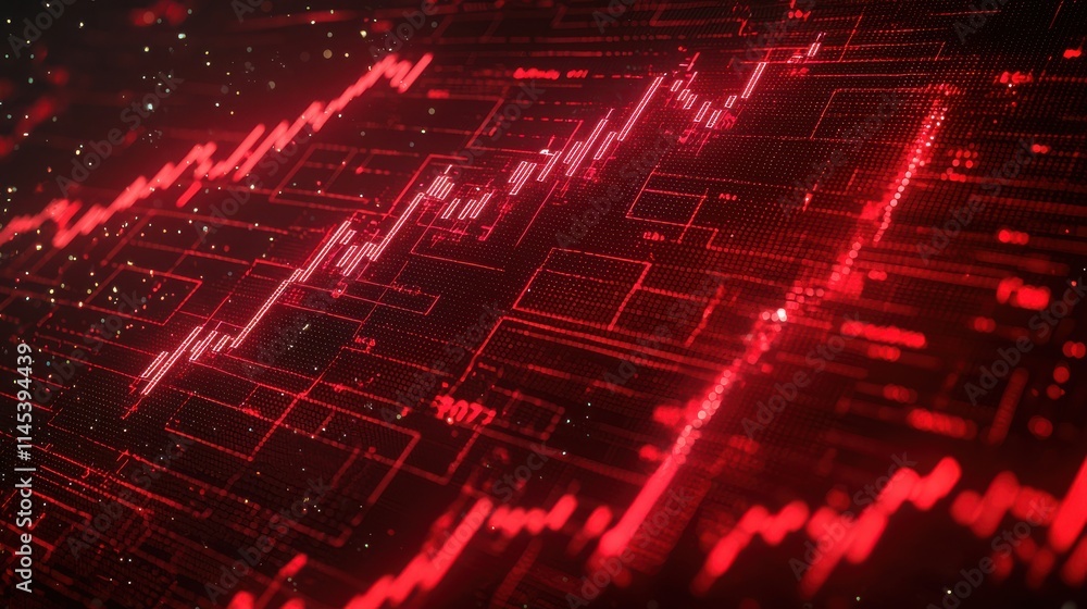 Poster digital financial display in deep red with falling statistics abstract concept tech environment clos