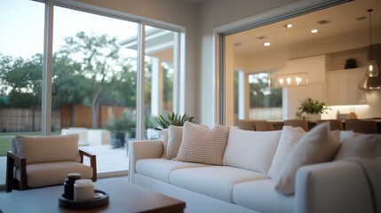 Obraz premium Modern living room with cozy furniture and a view of the outdoors.