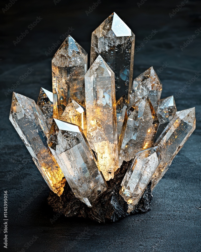 Poster cluster of sparkling herkimer diamonds on dark surface crystal display artful arrangement elegant en