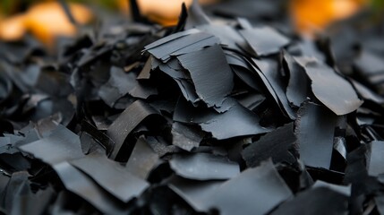 Close-up of a pile of shredded black plastic waste.