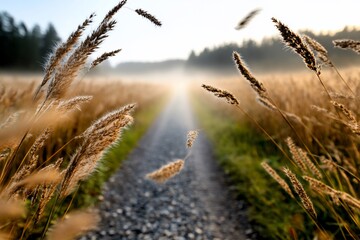 Fototapeta premium Misty pathway through tall grasses in a serene landscape.