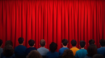 A Colorful Puppet Show Captivating Enthusiastic Kids in Front of a Vibrant Red Curtain. People Candid from Various Cultures Multicultural Festival Concept