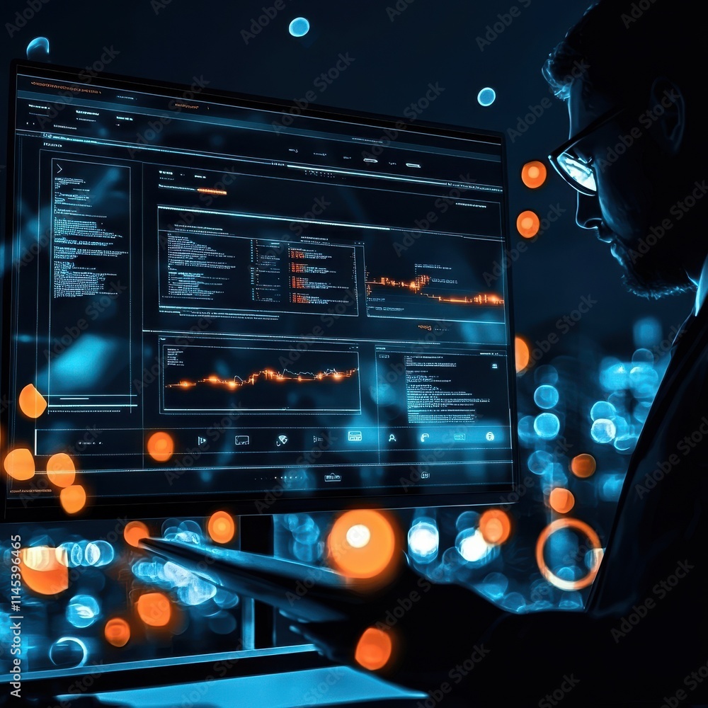 Poster anonymous web browsing modern professional interface digital workspace technology urban nightscape f