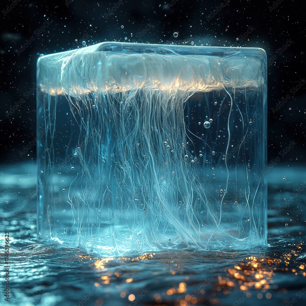 Poster floating jellylike cube with particles in water underwater scene abstract art calm environment low a