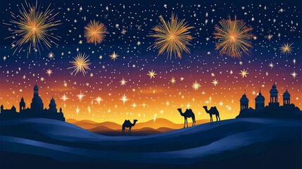 Naklejka premium Festive Night Scene With Camels And Fireworks Over City