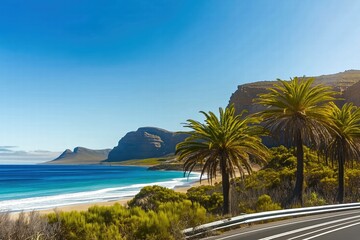 Fototapeta premium Serene Coastal Drive with Palm Trees by Generative Ai