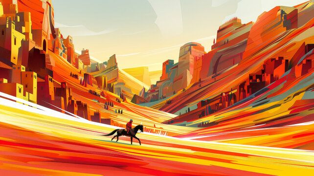 Vibrant Cartoon Landscape, Horseback Rider in Mystical Canyon City, Three Kings Day Celebration