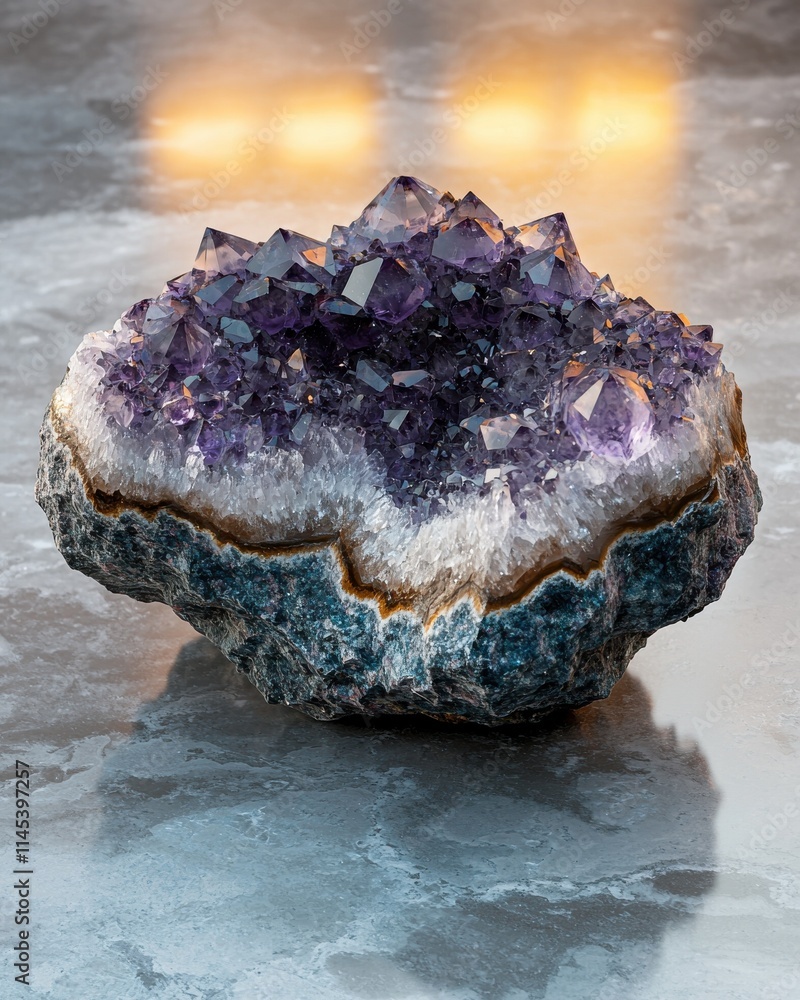 Poster amethyst geodes displayed on marble surface natural gemstones artisanal showcase elegant setting clo