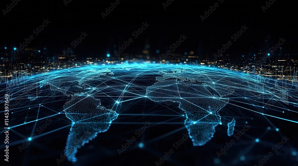 Poster global network of glowing blue pathways visualized data communication digital world futuristic envir