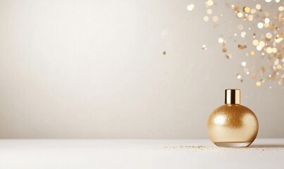 A shimmering gold perfume bottle with sparkling background.
