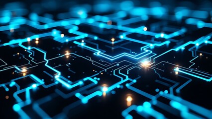 Obraz premium Dark background with glowing circuit paths and data nodes, visualizing digital connections, technology, and data flow in a futuristic, high-tech digital environment.