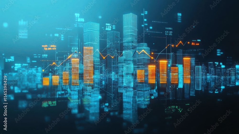 Aufkleber dynamic financial data visualization with blurred skyscraper reflections urban environment digital a