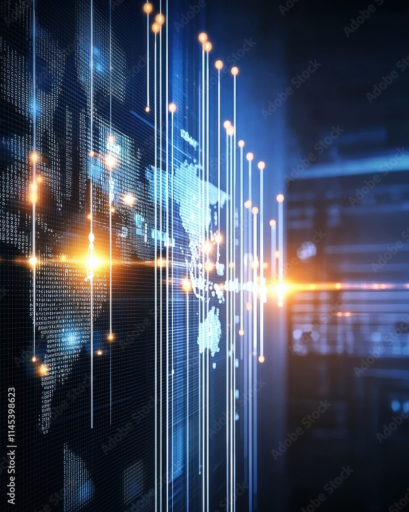 Poster dynamic vertical lines of light representing global connectivity in a dark environment