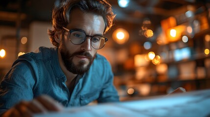 Stylish architect reviewing a large AI generated illustration