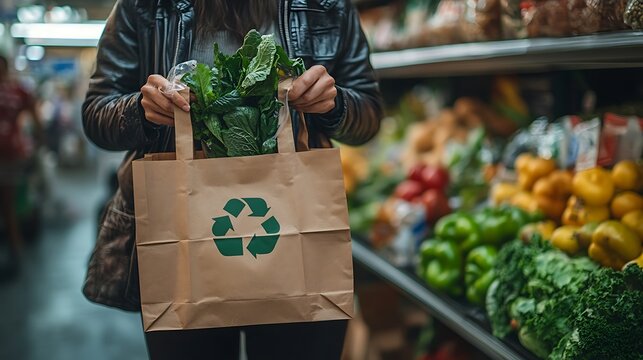 Woman holding a recycled paper bag of greens