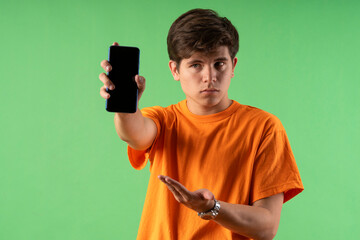 Young person expressing various emotions and body pains, pointing, using a cellphone, with colored...