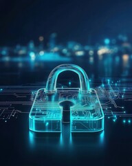 Modern cyber protection padlock on circuit board digital environment sleek design futuristic viewpoint
