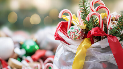 Christmas waste concept. Overflowing trash bags filled with broken candy canes and holiday decorations